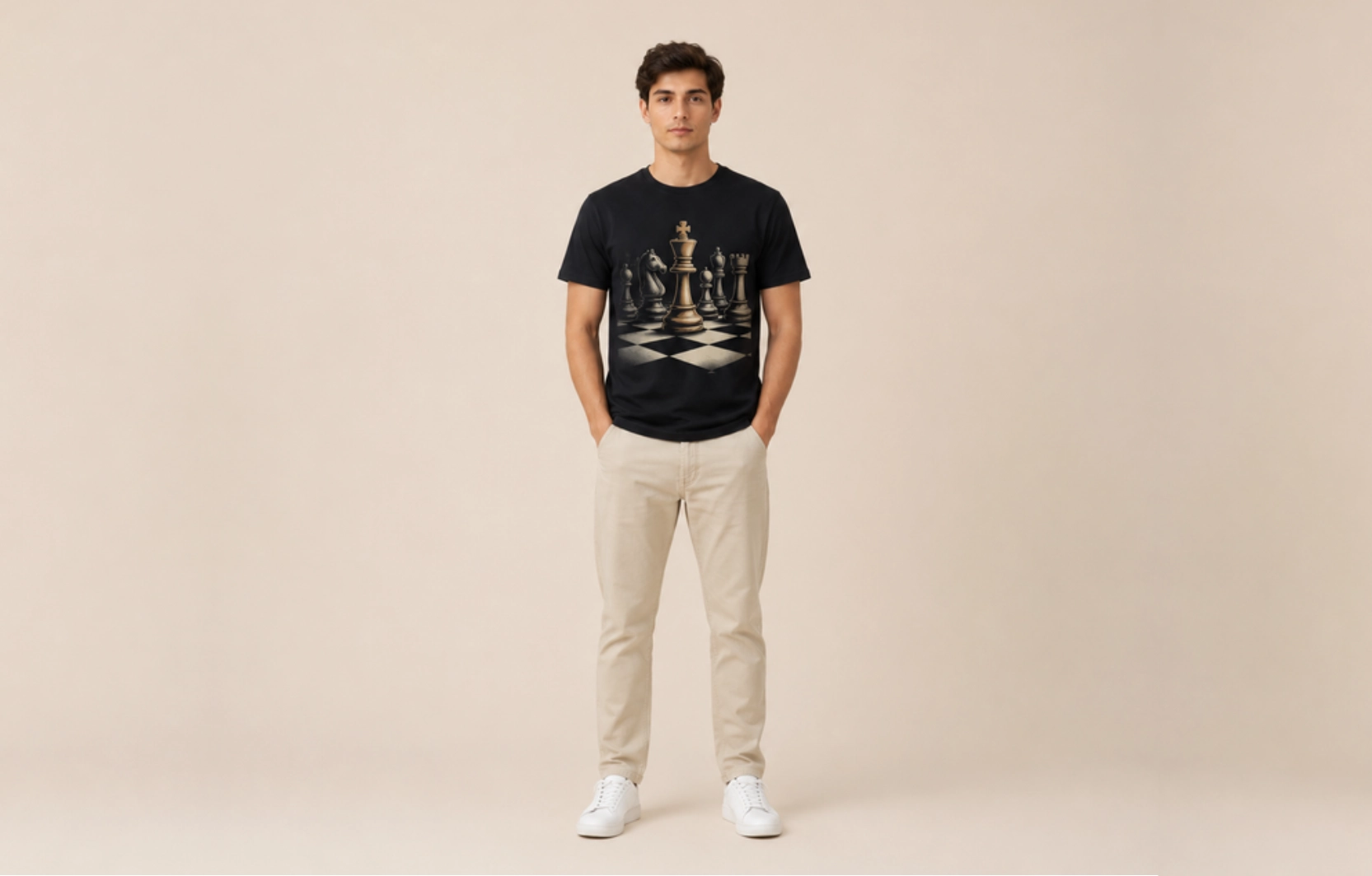 Man wearing a black chess-themed t-shirt, beige pants, and white sneakers, standing against a beige backdrop.