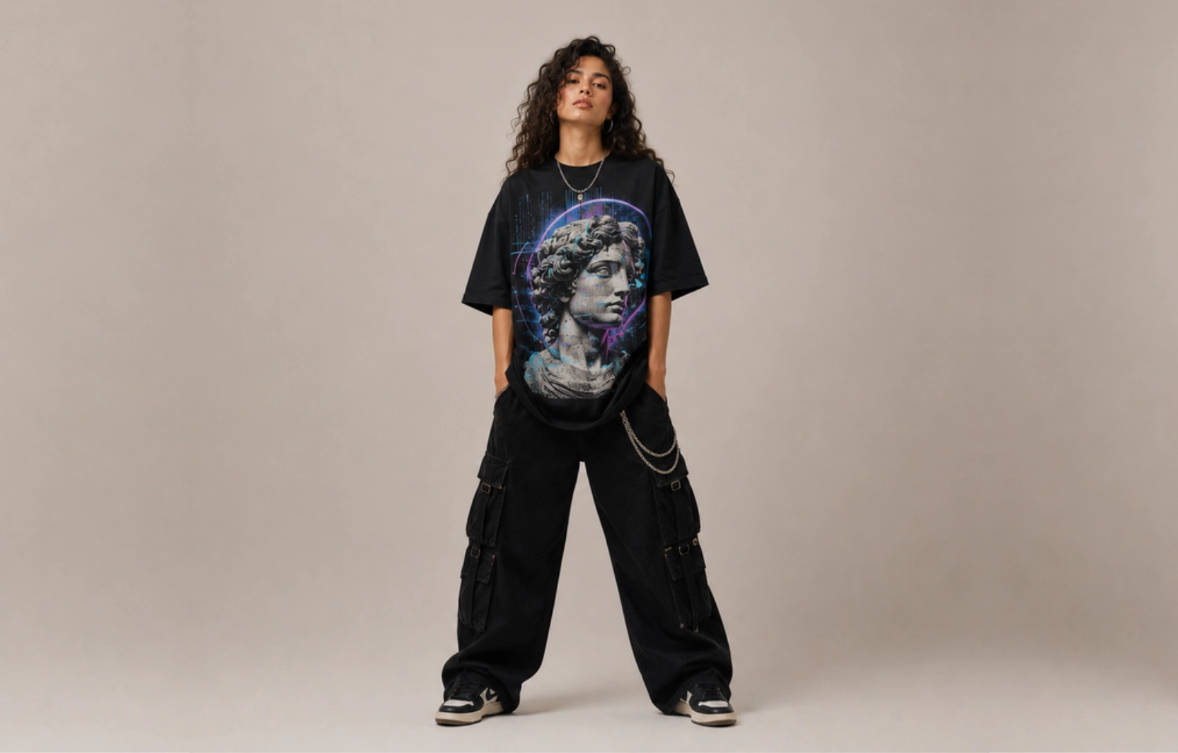 Model wearing an oversized black graphic tee with a neon statue design, paired with black cargo pants and sneakers, standing against a beige backdrop with hands in pockets.