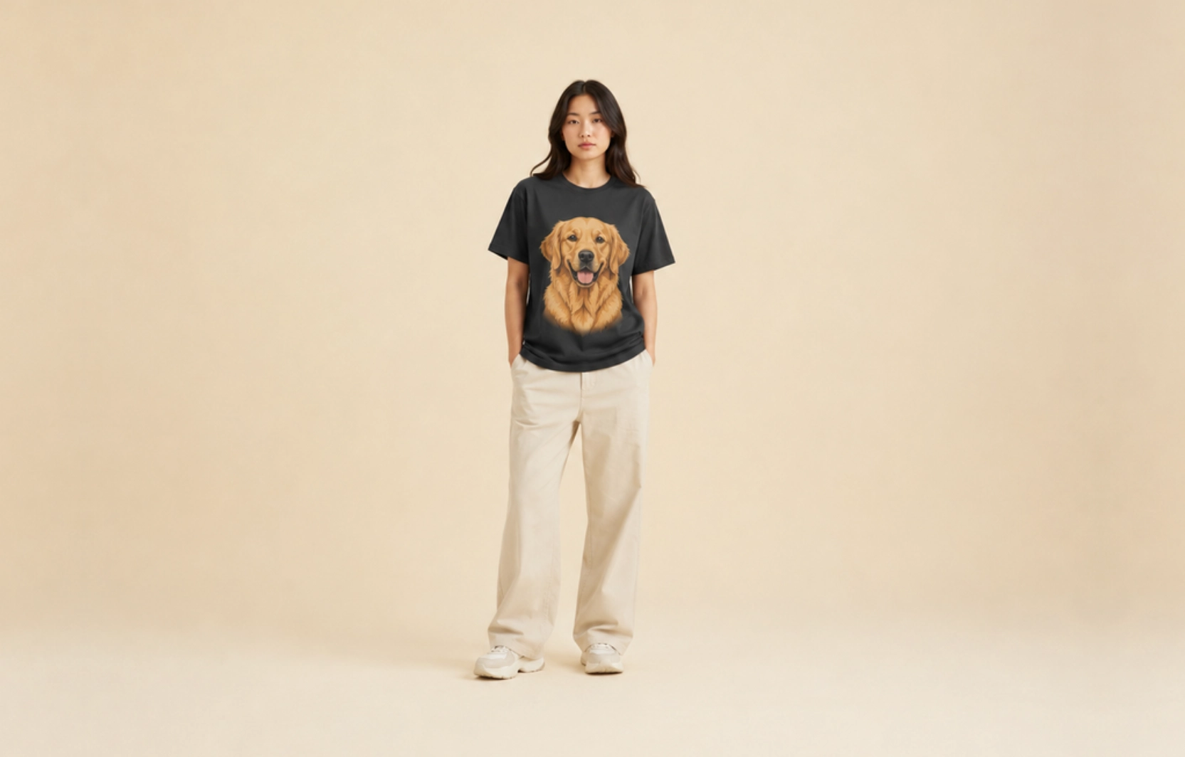Person standing against a beige background wearing a black T-shirt with a golden retriever graphic and beige wide-leg pants, hands in pockets.