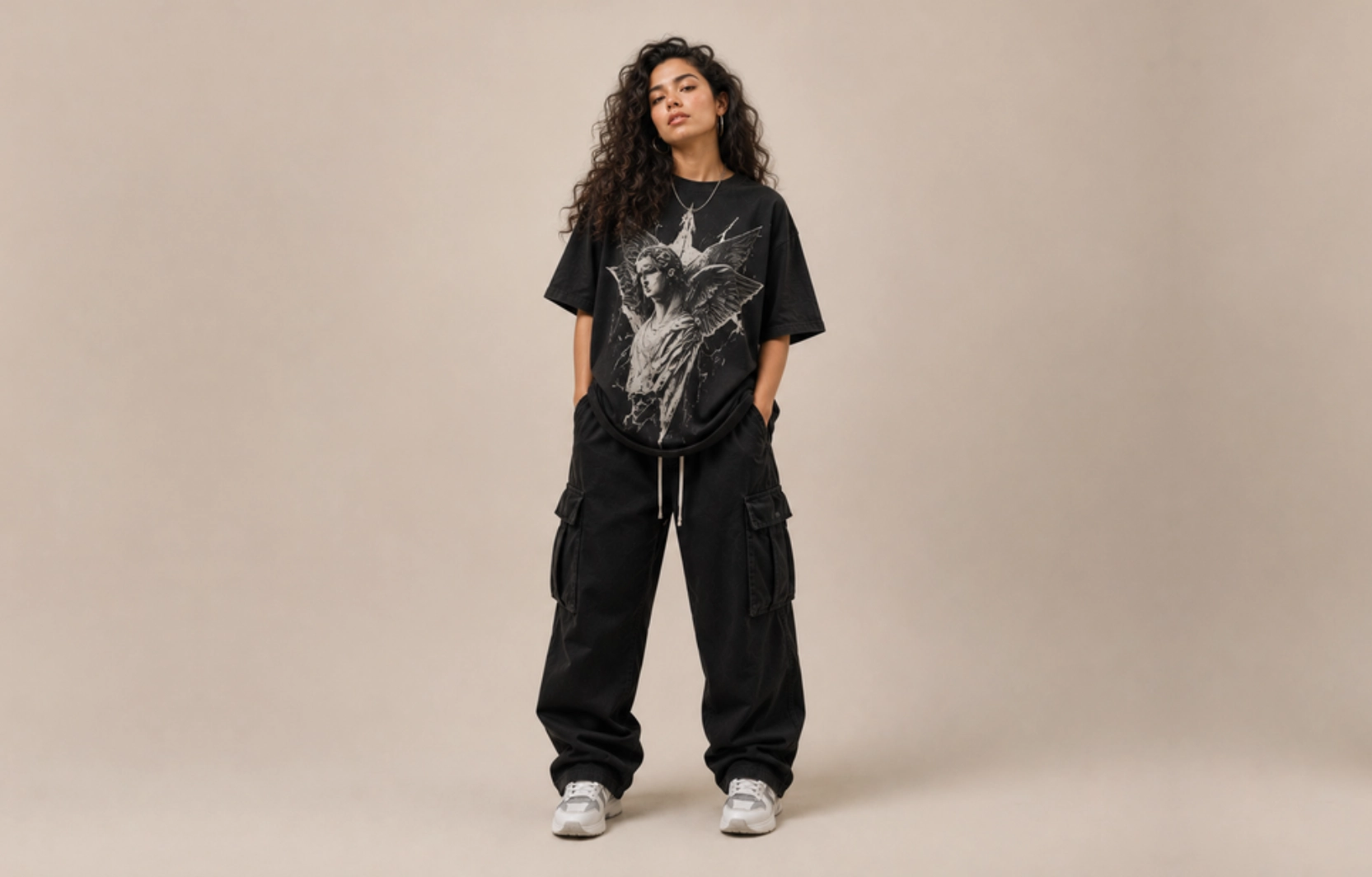 Model in an oversized black graphic tee with an angel illustration, paired with black cargo pants and white sneakers, standing with hands in pockets against a beige backdrop.