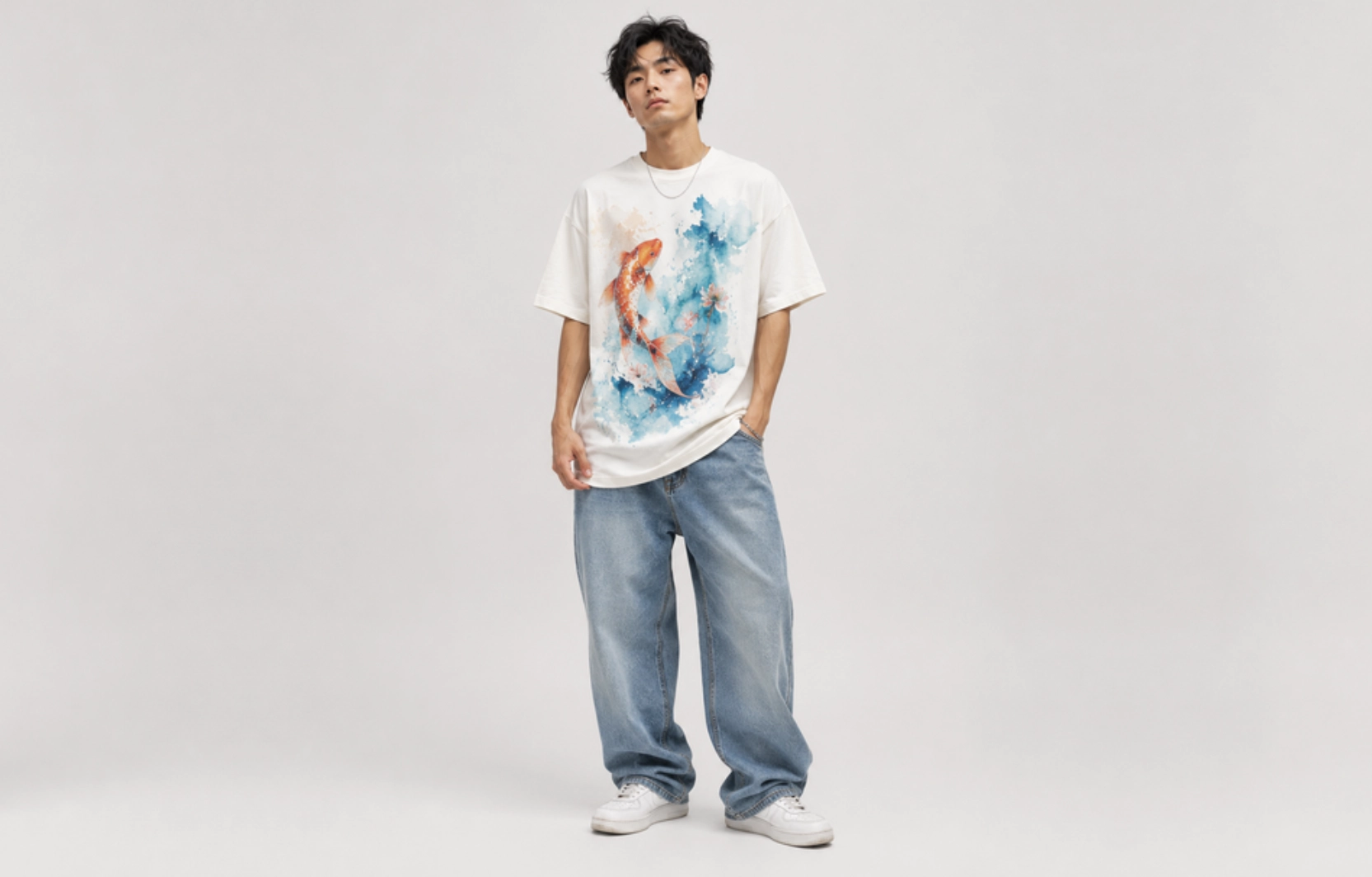 Young man standing against a light gray backdrop, wearing an oversized white T-shirt with a blue-orange koi fish watercolor print, loose blue jeans, white sneakers, and a thin chain necklace.
