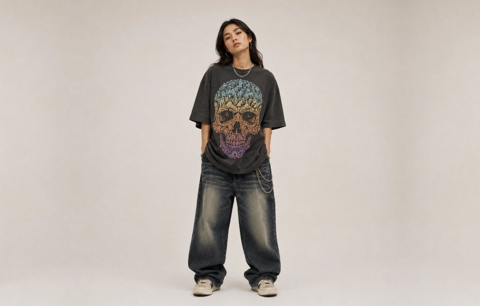 Model in an oversized black T-shirt with a rainbow skull graphic, paired with baggy distressed jeans and beige sneakers, standing with hands in pockets.