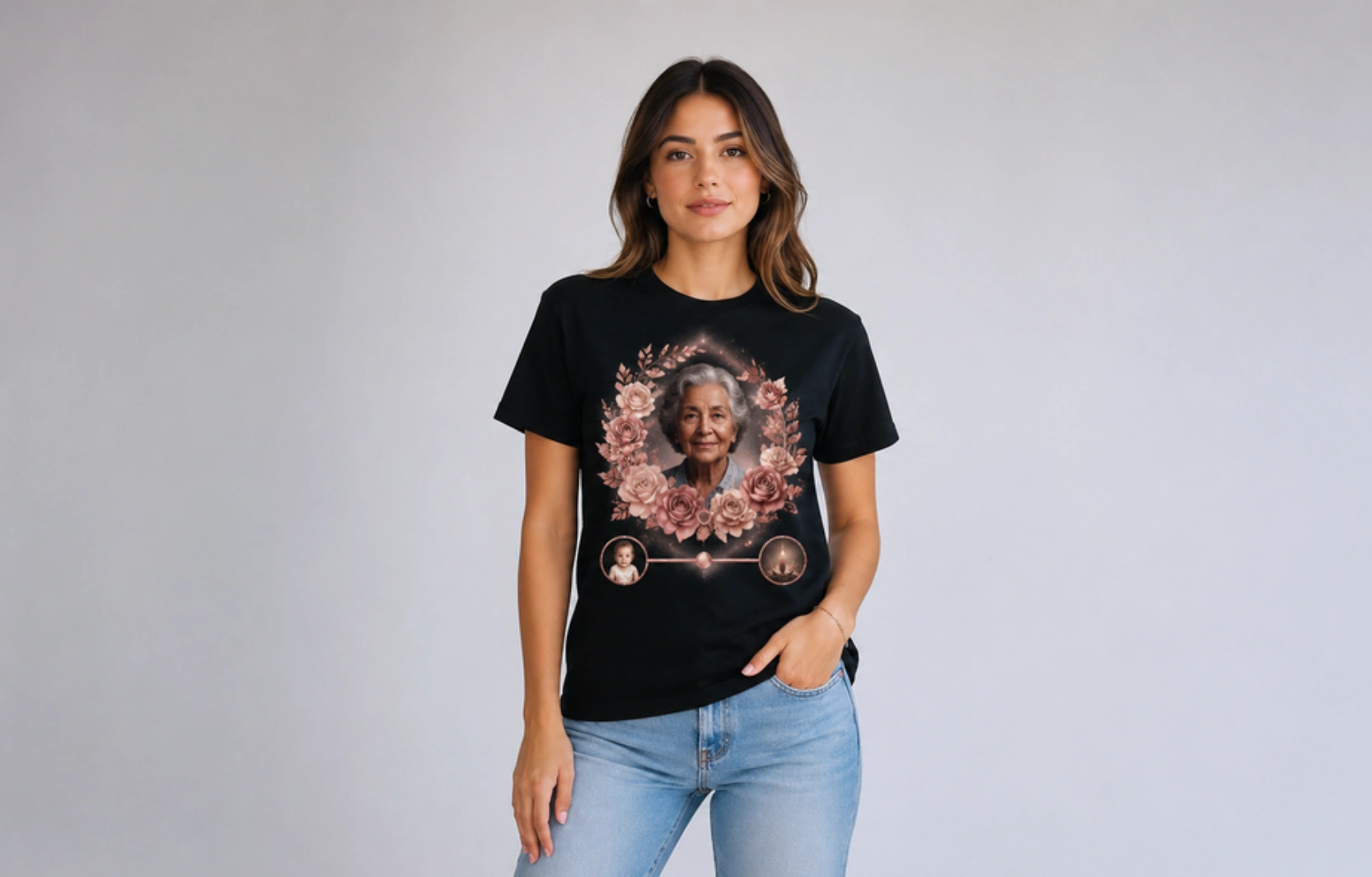 Woman wearing a black T-shirt with a pink floral frame around a portrait of an elderly woman, modeled in casual wear.
