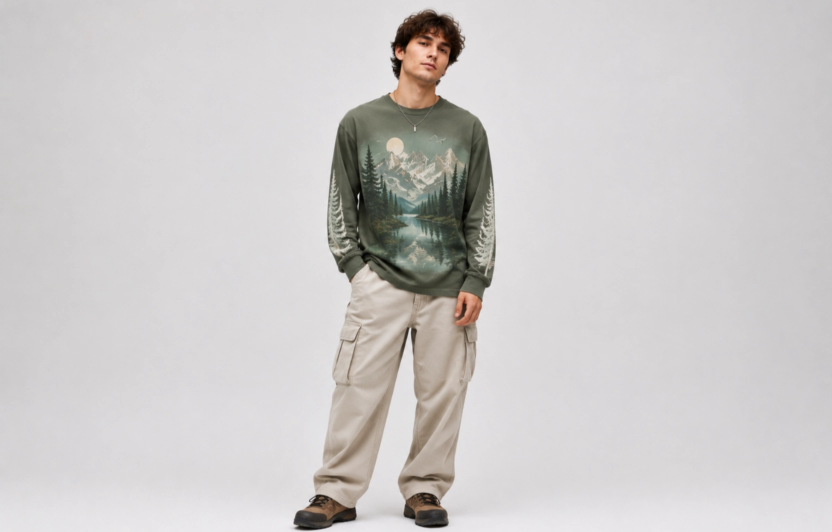 Young man wearing an olive-green sweatshirt with a forest and mountain landscape print, beige cargo pants, and hiking boots.
