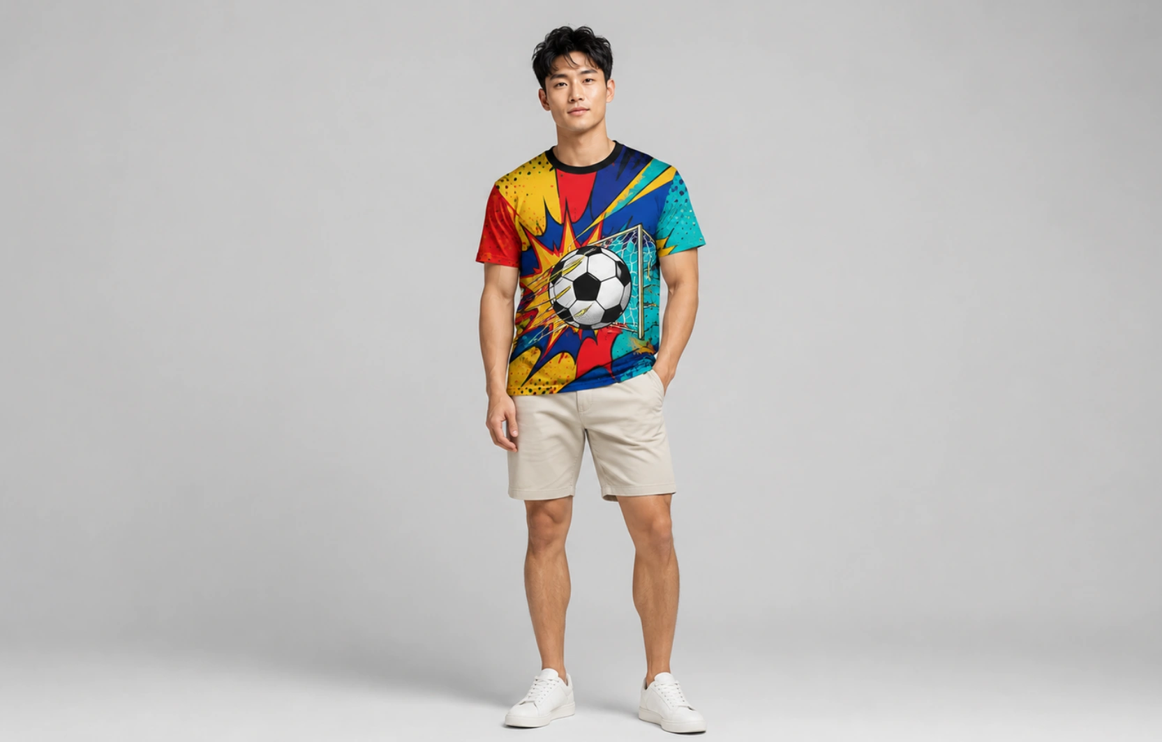 Man stands in a colorful soccer-themed T-shirt featuring a large soccer ball, with beige shorts and white sneakers in a gray studio setting.