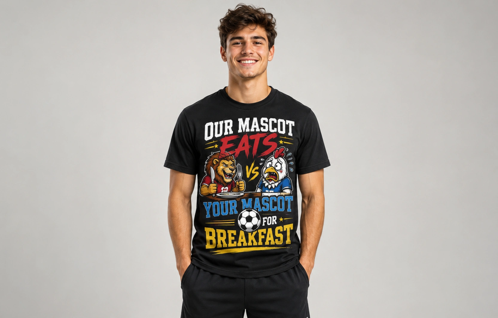 Young man in a black graphic T-shirt smiling, the shirt reads 'Our Mascot Eats vs Your Mascot for Breakfast' with cartoon animals and a soccer ball.