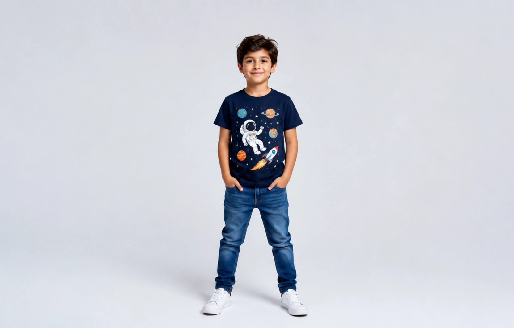 Smiling boy in a navy space-themed t-shirt and jeans stands with hands in pockets against a light gray studio background.