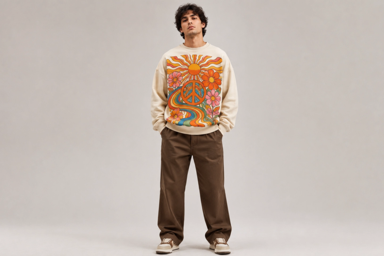 Young man standing in a neutral studio wearing a cream sweatshirt with a colorful psychedelic print (sun, flowers, peace symbol) and brown pants with sneakers.