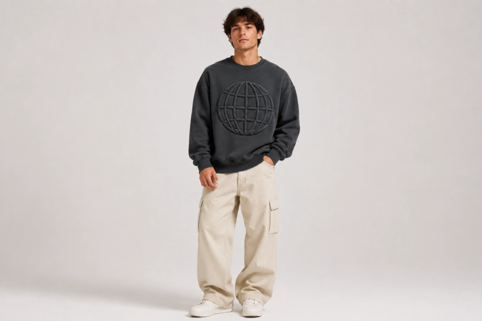 Man wearing a dark gray sweatshirt with an embossed circular globe graphic, beige cargo pants, and white sneakers in a studio setting.