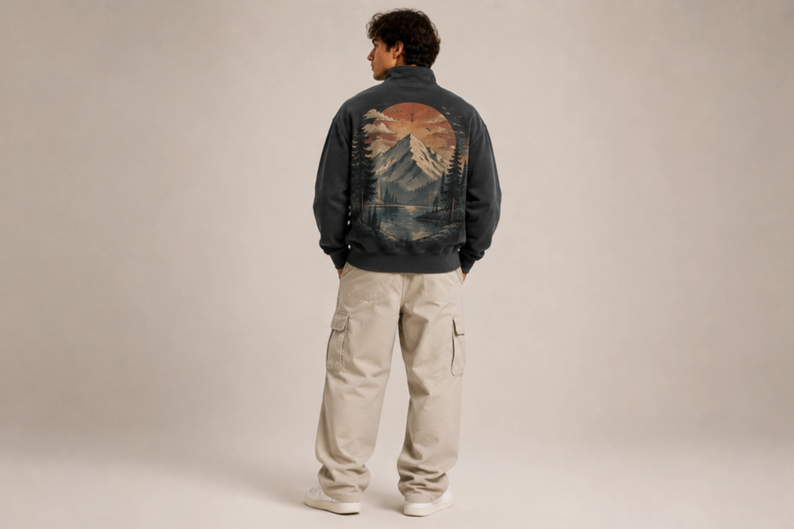 Back view of a person wearing a dark jacket with a large mountains landscape print and beige cargo pants.