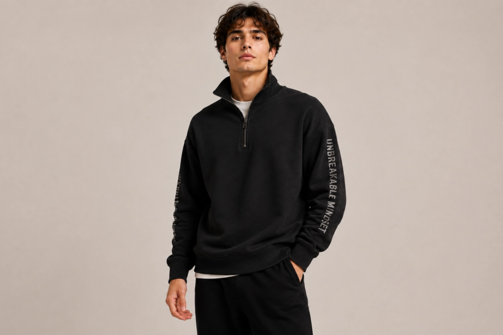 Young man modeling a black half-zip fleece pullover with a white undershirt, standing against a beige background.