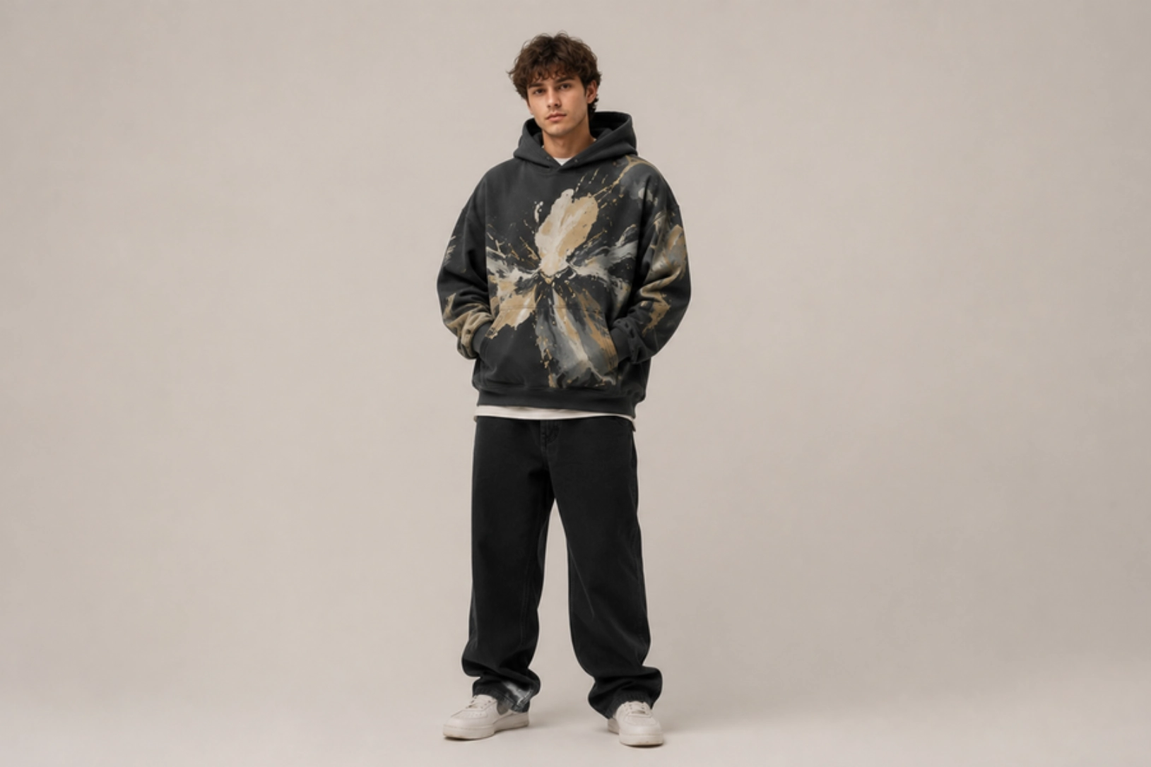Young man stands center wearing a black beige tie-dye hoodie, black pants, and white sneakers against a neutral background.