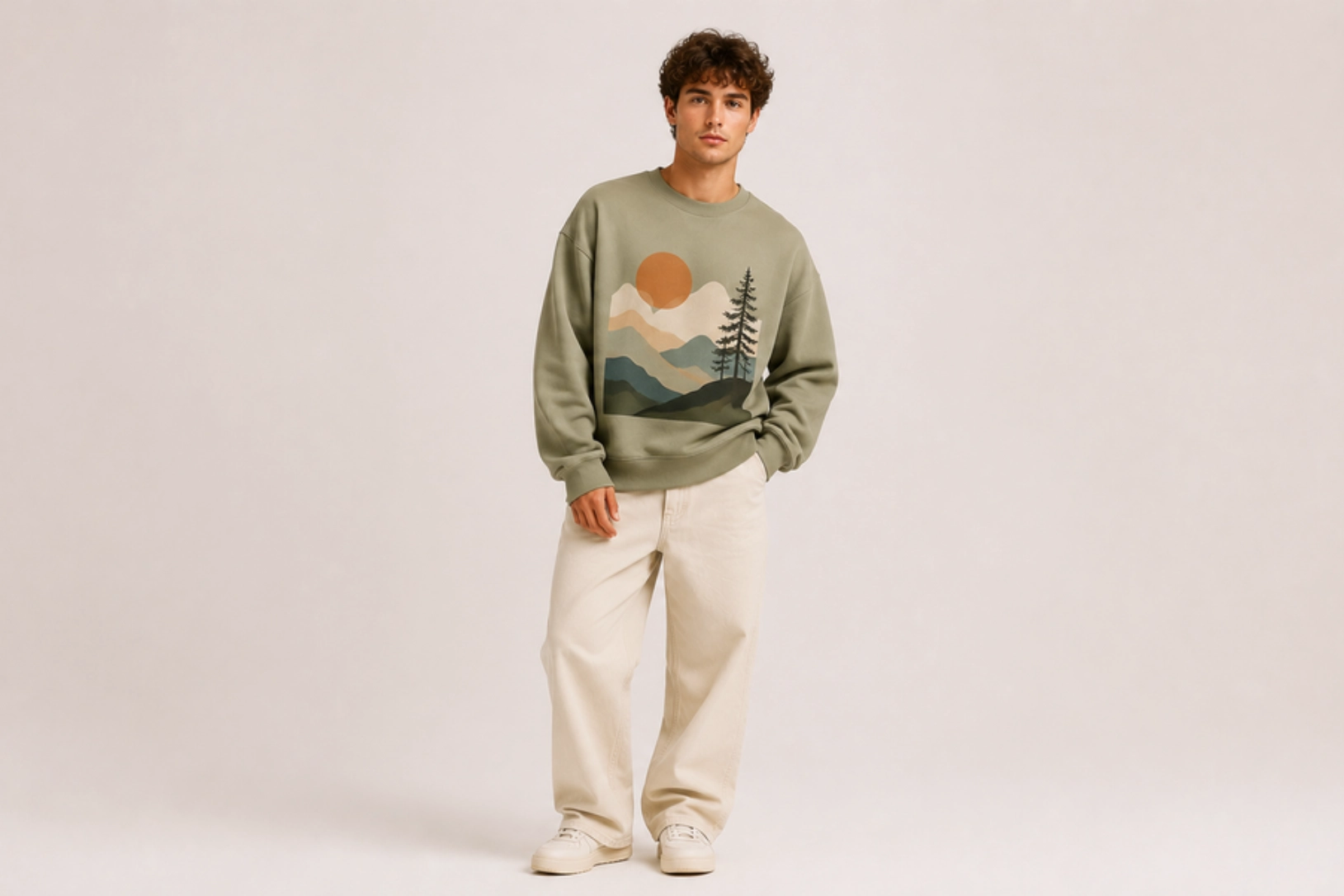 Young man wearing an olive-green sweatshirt with a mountain landscape graphic, beige pants, and cream sneakers.