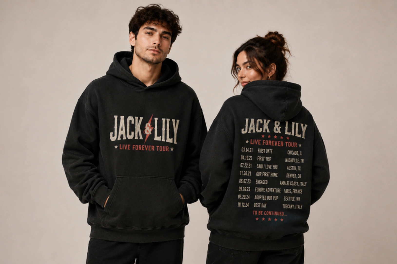 Two people wear matching black hoodies with 'JACK & LILY' tour graphics; front reads logo, back lists tour dates and cities.