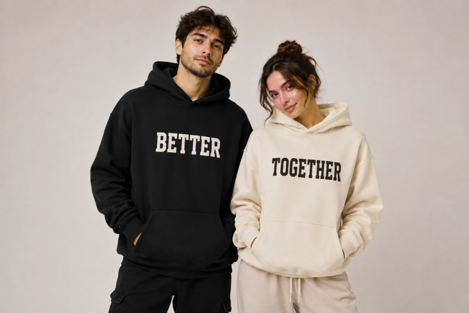 Two young adults wearing matching hoodies; black hoodie says BETTER, beige hoodie says TOGETHER.