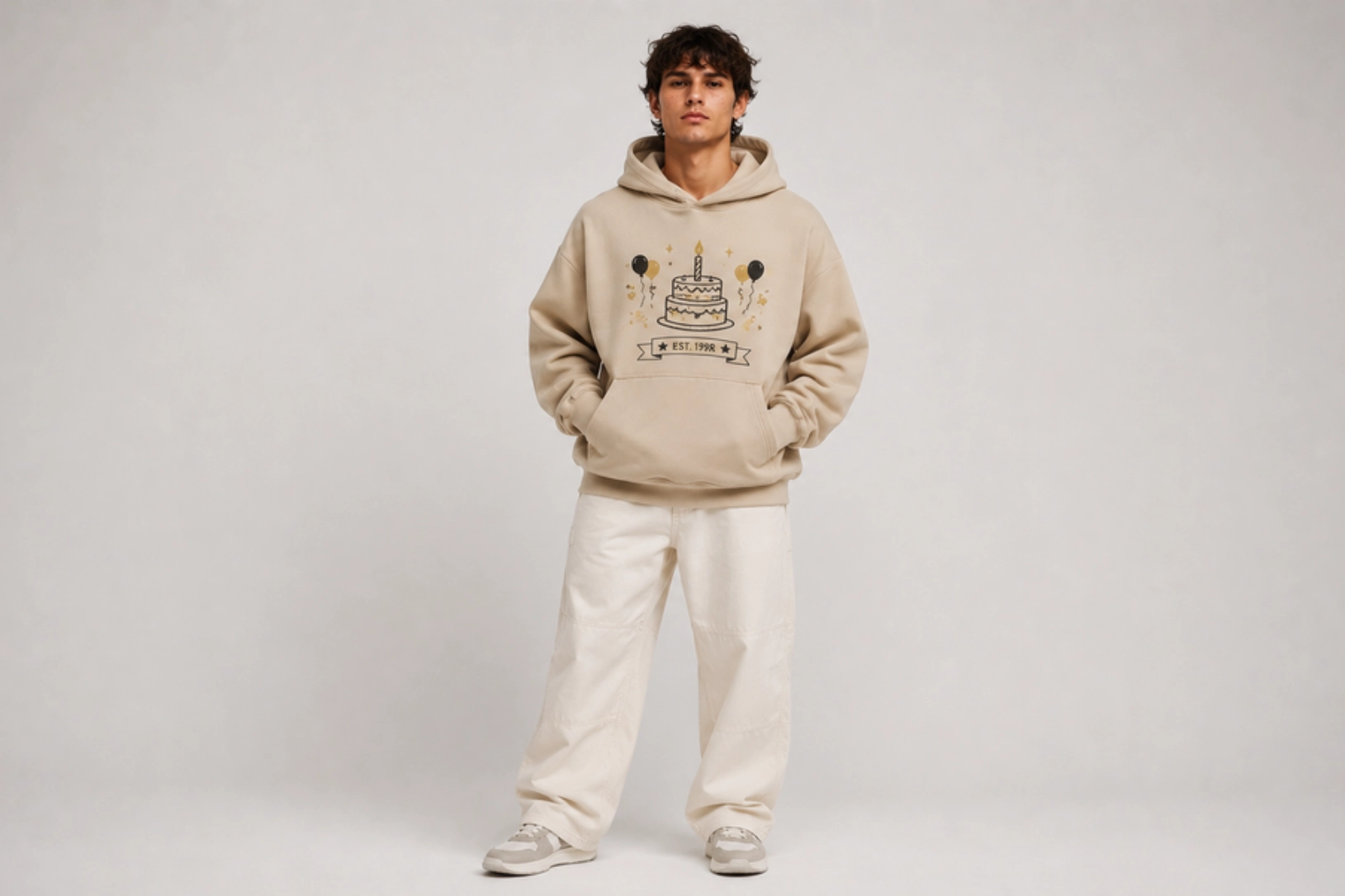 Person standing in a beige birthday-hoodie with a cake graphic, hands in pockets, neutral backdrop, cream pants and sneakers.