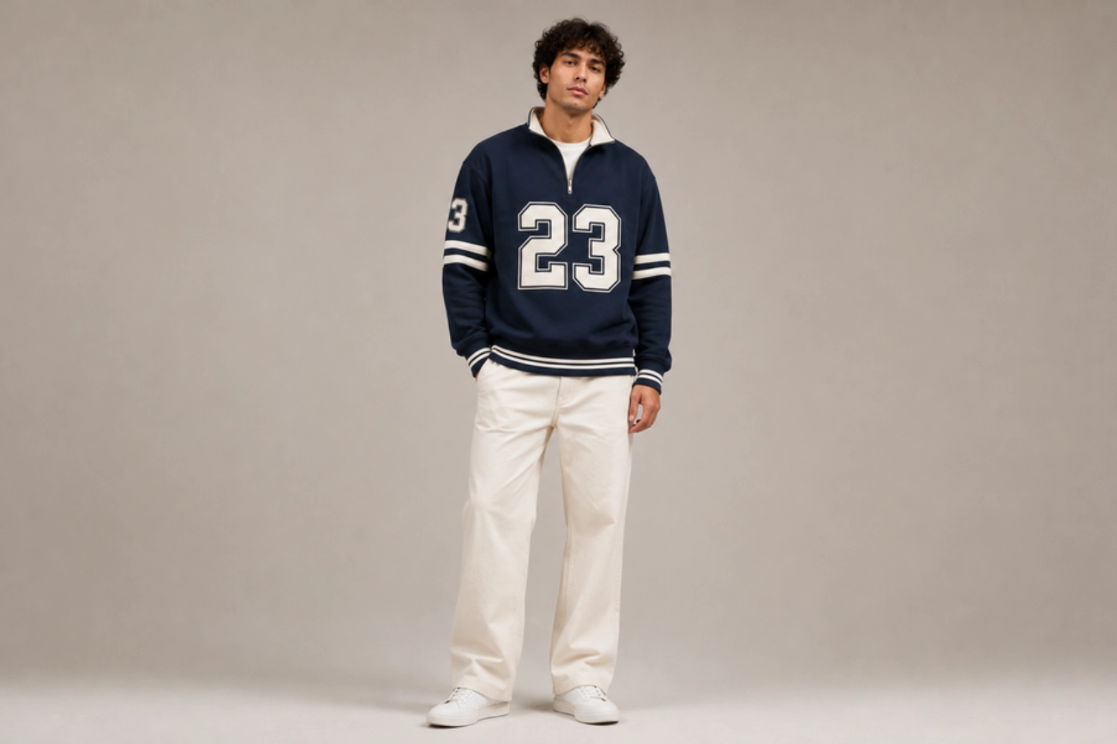 Young man in a navy varsity sweater with the number 23, white pants, and white sneakers, standing against a beige backdrop