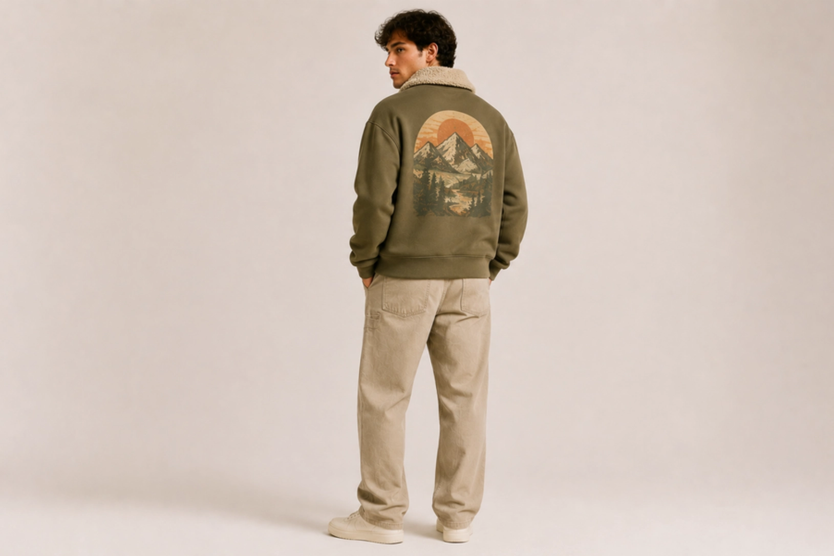 Man seen from behind wearing an olive fleece jacket with a mountains-and-sunset graphic on the back, beige pants, cream sneakers.