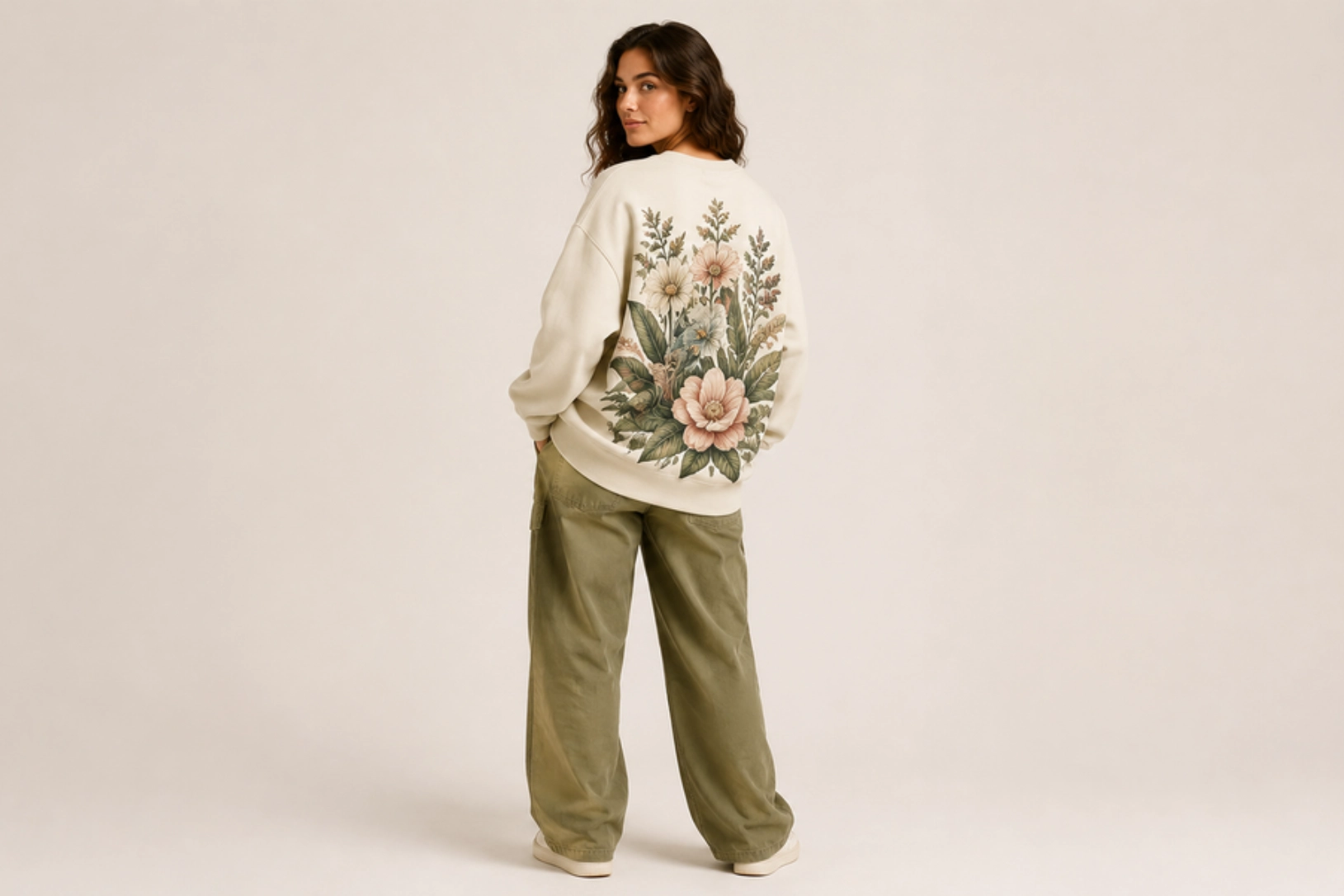 Woman standing with back partially turned, wearing a cream sweater featuring a large floral botanical print on the back and olive cargo pants in a neutral studio setting.