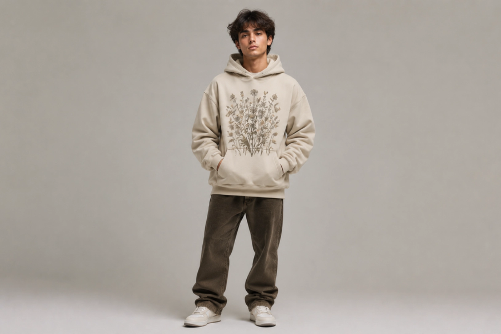 Young man stands in a beige hoodie with a botanical print, hands in pockets, paired with brown pants and white sneakers in a neutral studio setting.