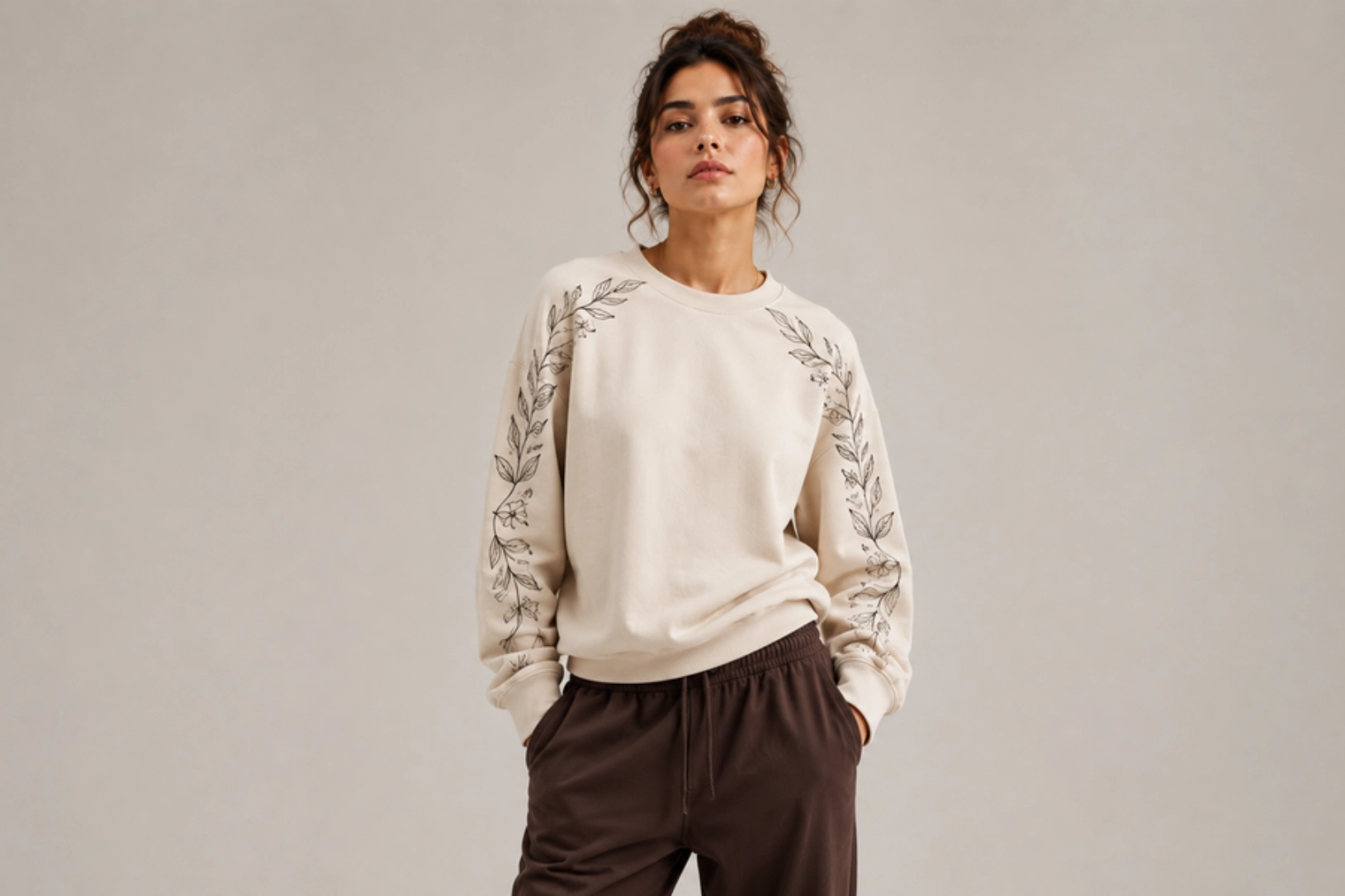 Woman wearing a cream sweatshirt with black floral embroidery along the sleeves, paired with dark brown jogger-style pants, standing with hands in pockets against a neutral background.