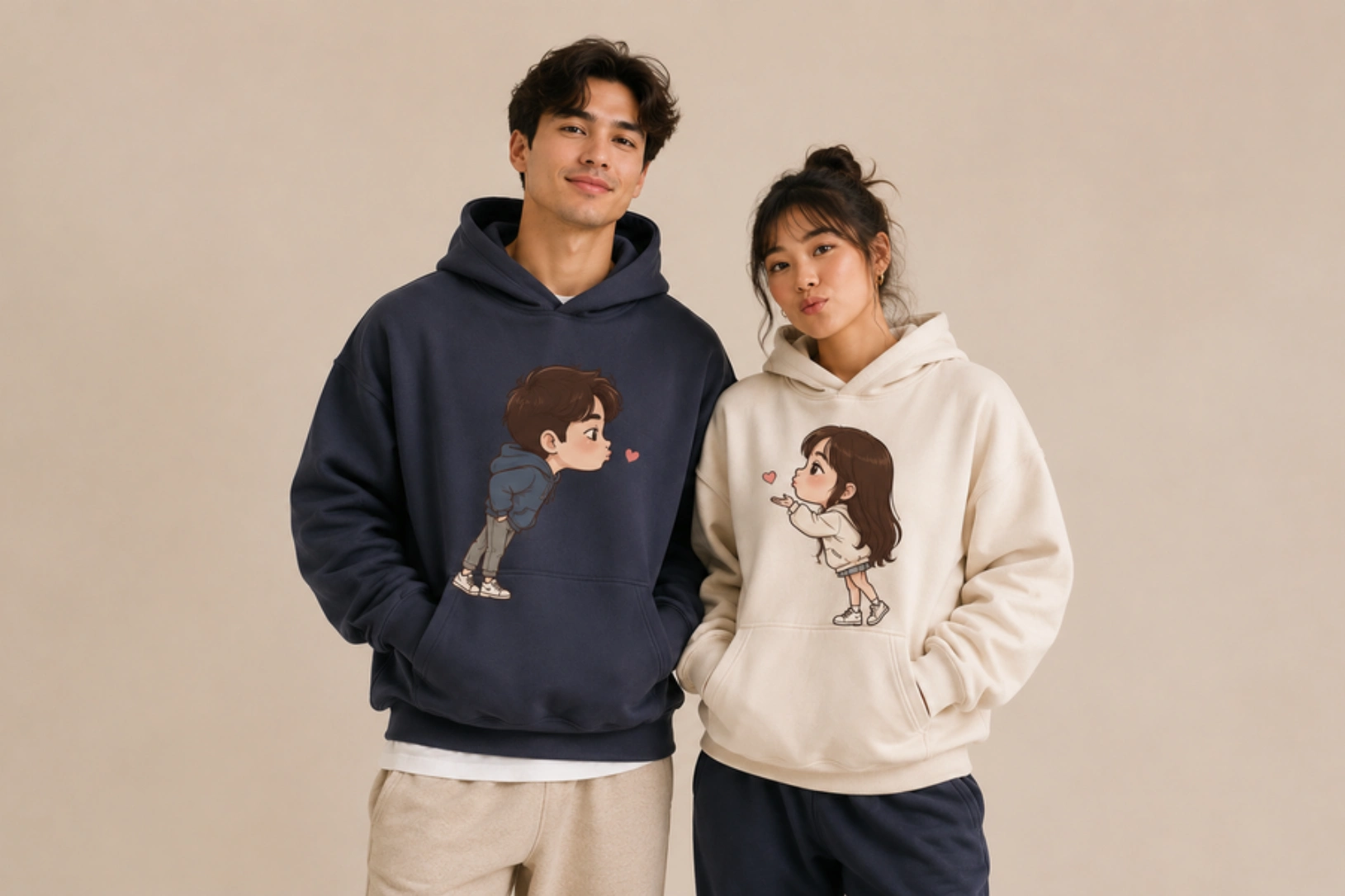 Young couple wearing matching cartoon-print hoodies, standing together with playful expressions.