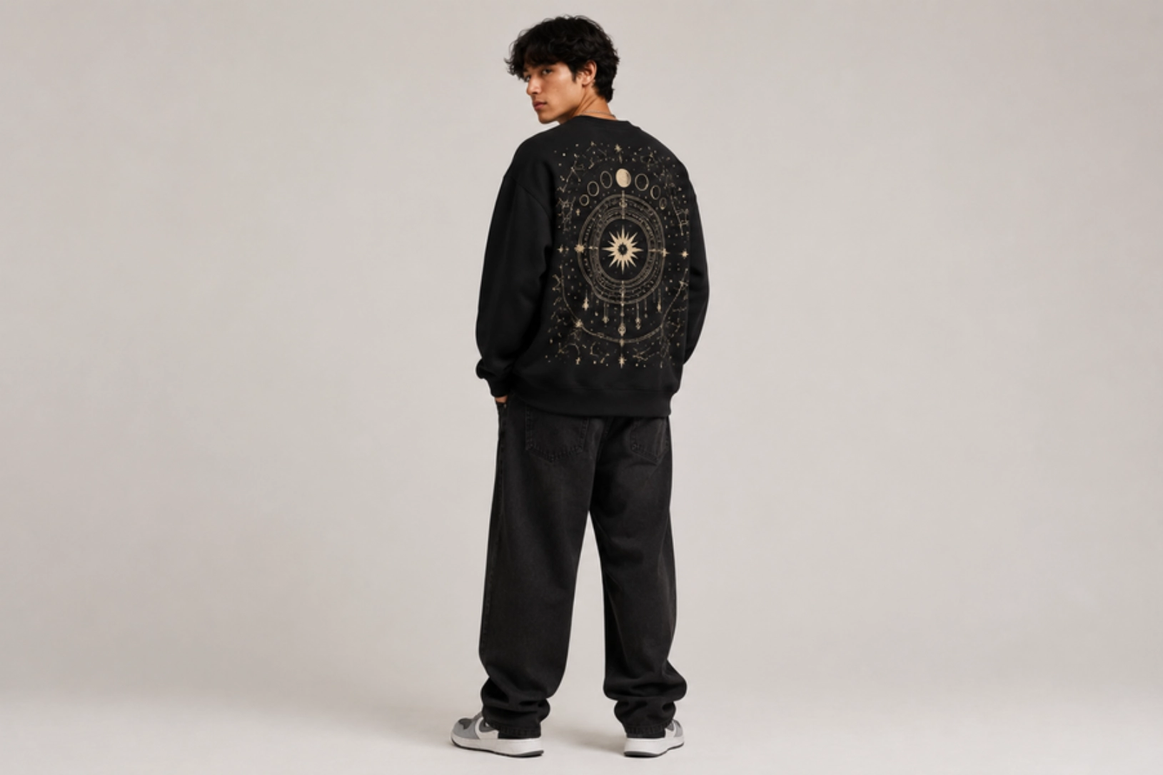 Person in a black sweatshirt with a gold celestial mandala design on the back, facing away in a neutral studio.
