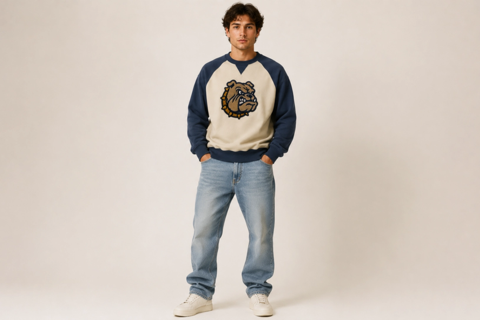 Young man wearing a beige and navy raglan sweatshirt with a bulldog logo, light wash jeans, and white sneakers, standing with hands in pockets.