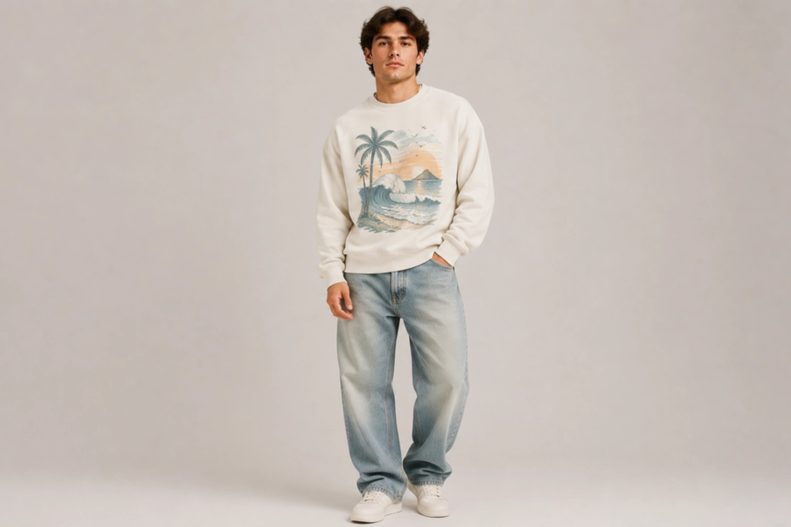 Young man wearing a cream sweatshirt with a palm-trees-and-waves graphic, light jeans, white sneakers, standing with one hand in his pocket.
