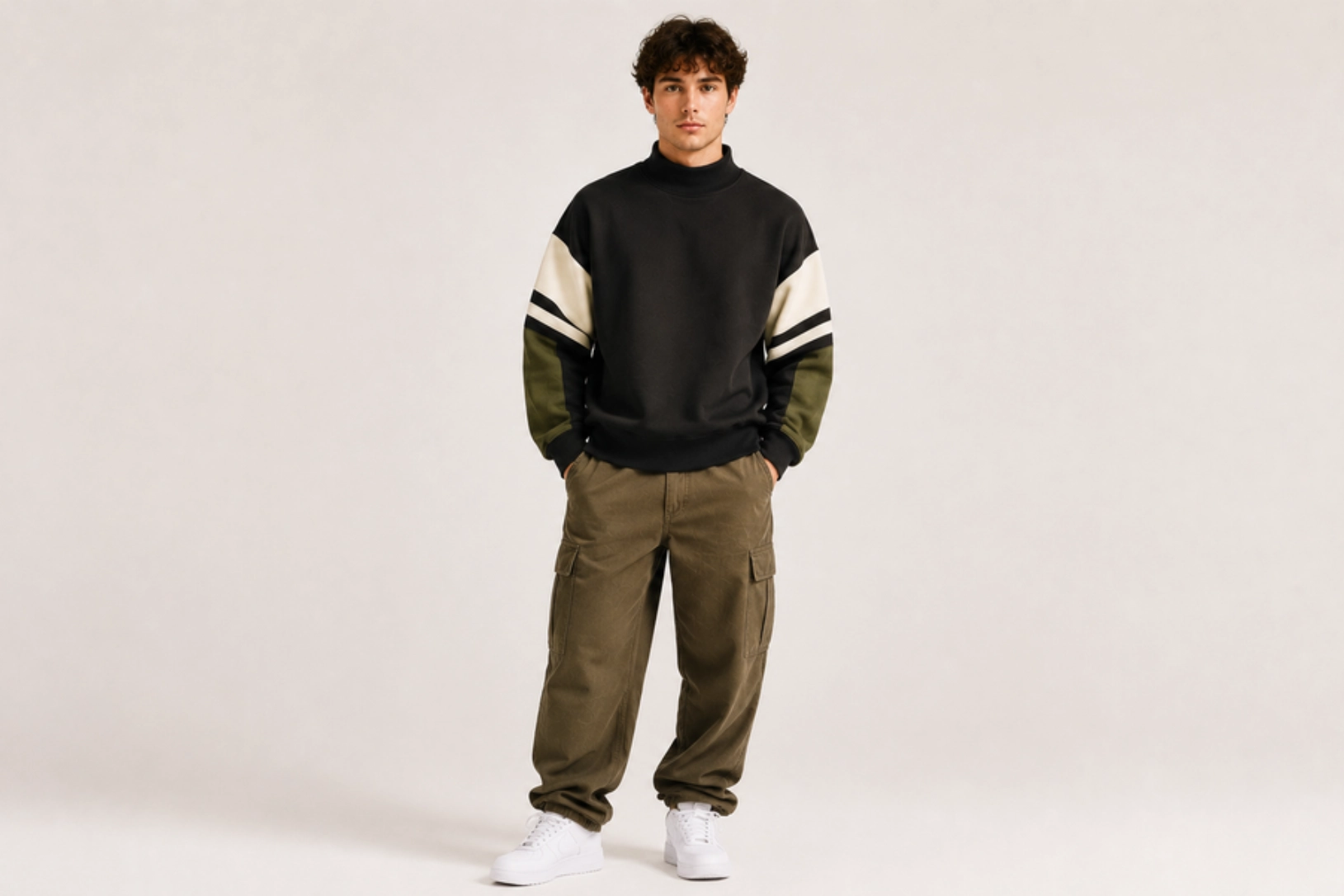Young man standing in a color-blocked sleeve streetwear, paired with olive green pants and white sneakers, against a neutral backdrop.