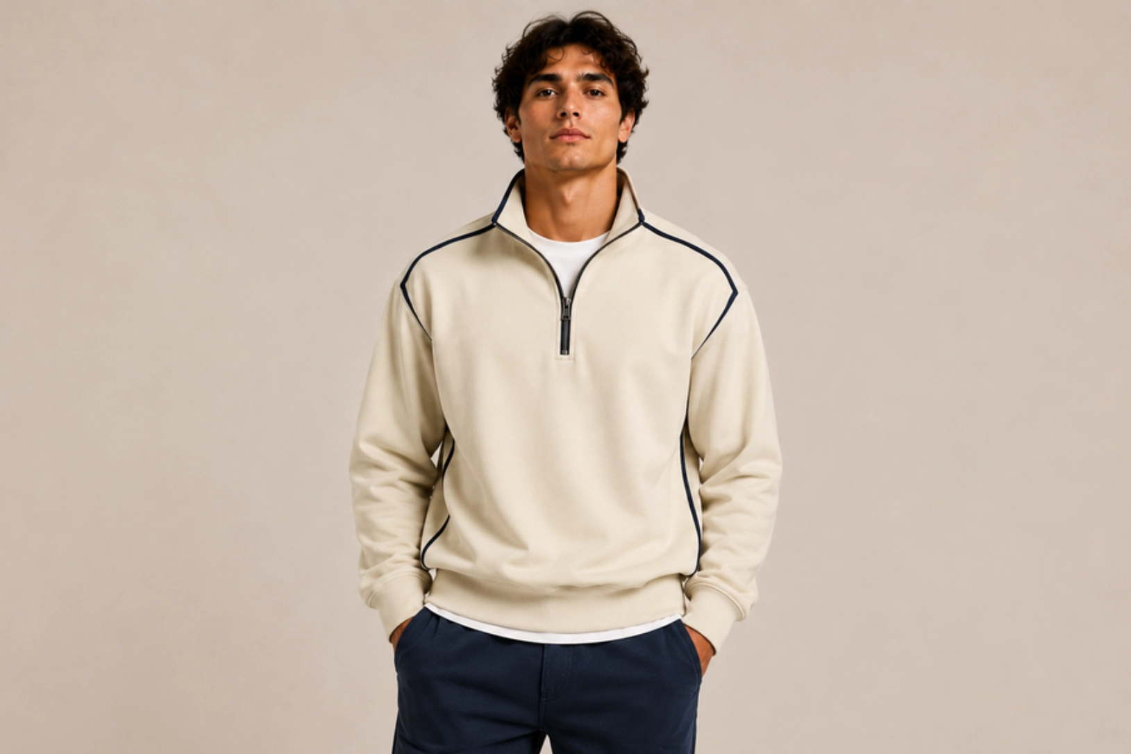 Man wearing a beige pullover with dark piping and navy pants, standing with hands in pockets against a neutral background.