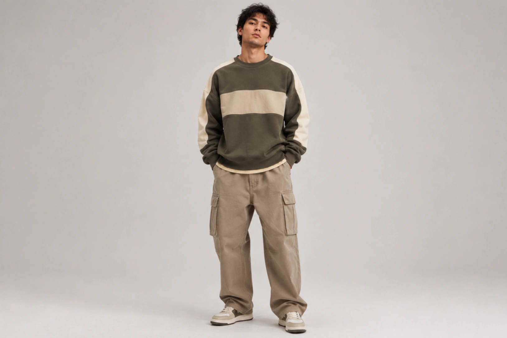 Model wearing a color-block sweatshirt in olive with cream stripe, paired with beige cargo pants and beige sneakers, standing with hands in pockets against a neutral backdrop.