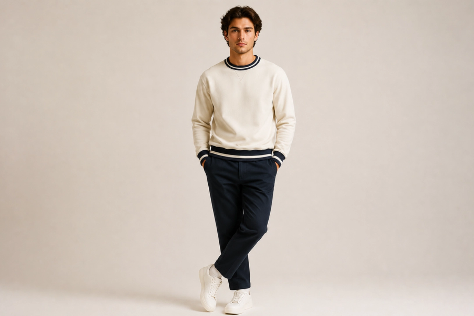 Young man poses in a cream sweater with navy trim and navy trousers, hands in pockets, neutral studio backdrop.