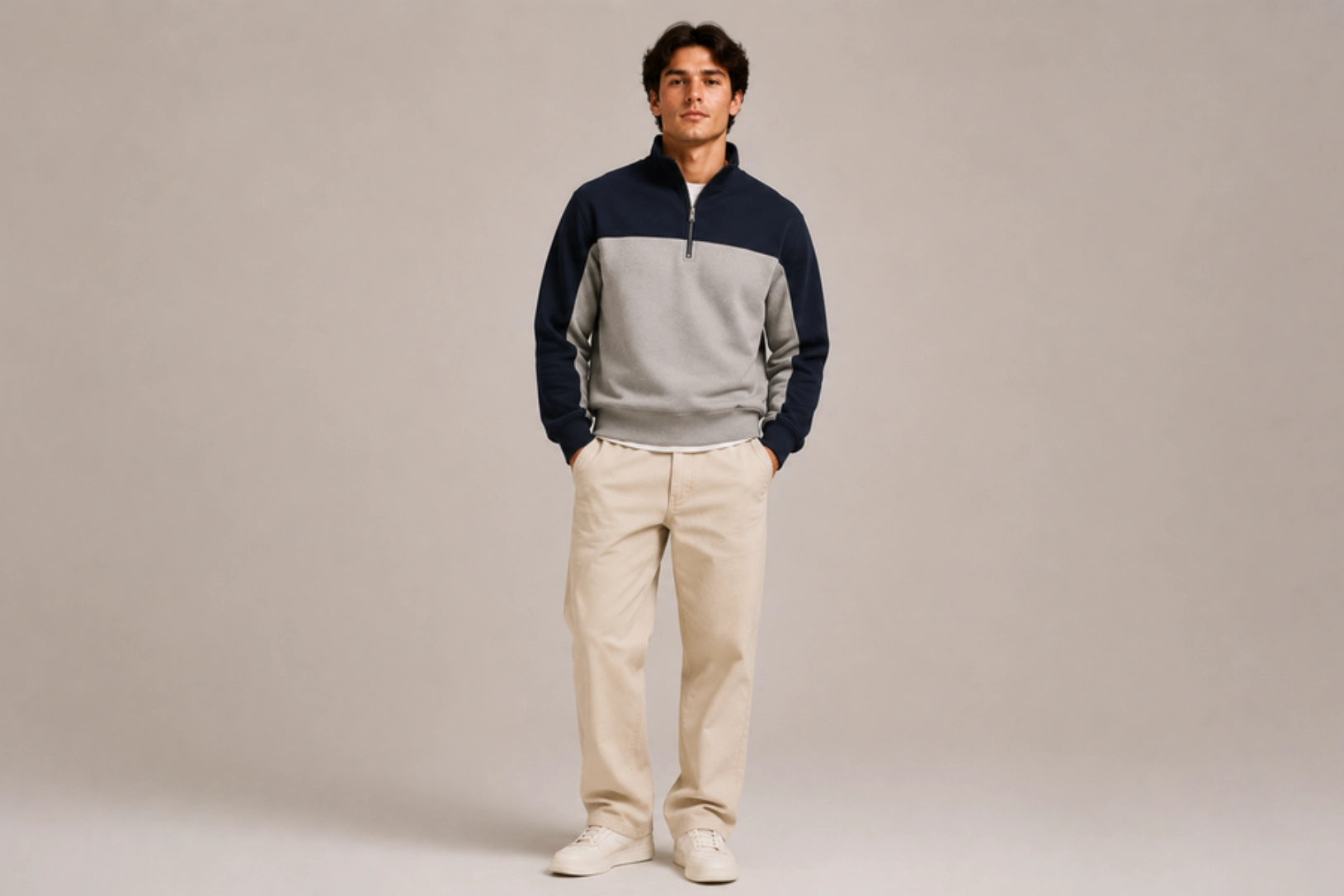 Full-body portrait of a man wearing a navy and light gray color-block pullover, beige pants, and white sneakers, standing with hands in pockets against a neutral backdrop.