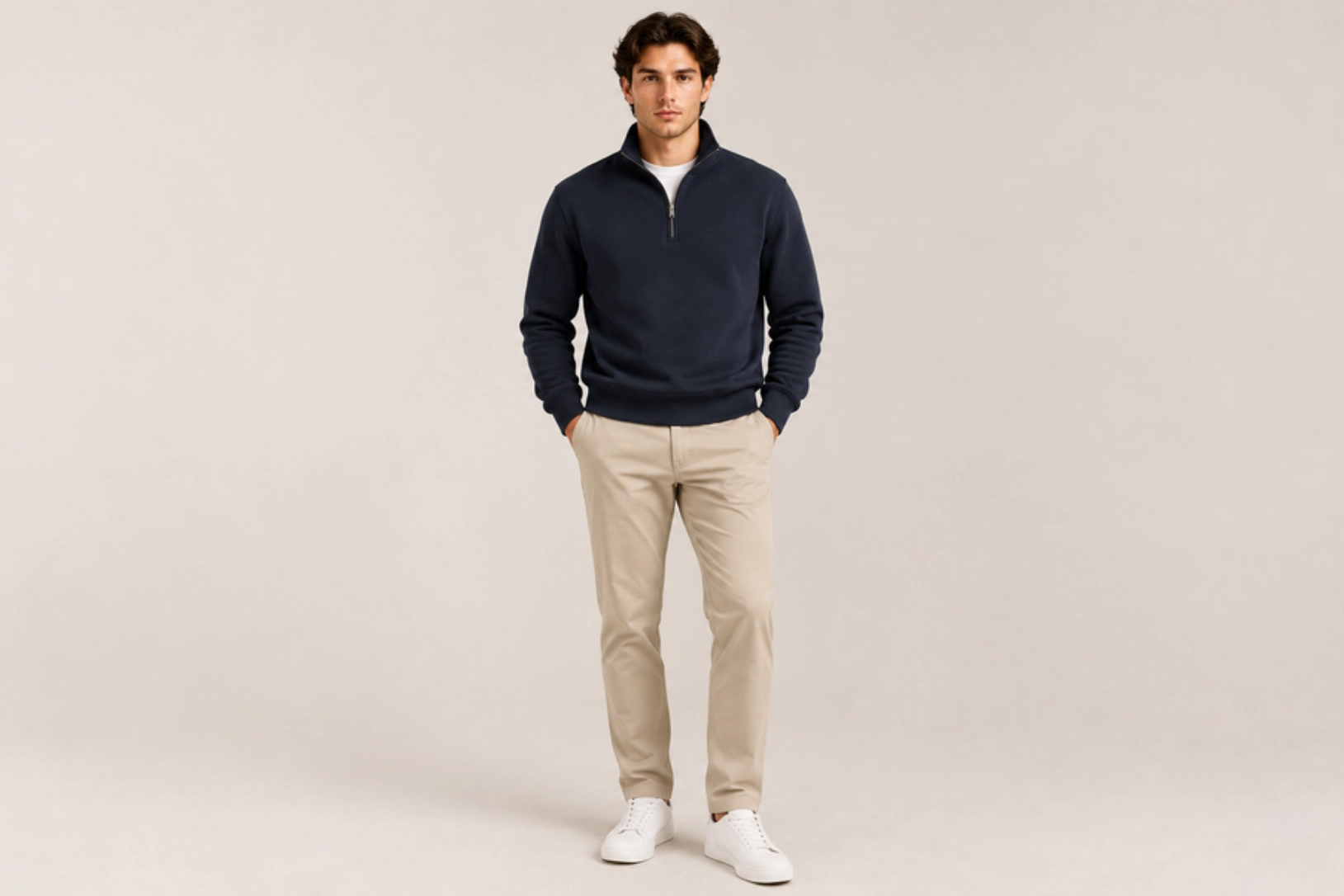 Man standing in a navy quarter-zip sweater, beige chinos, and white sneakers against a neutral studio backdrop, hands in pockets.