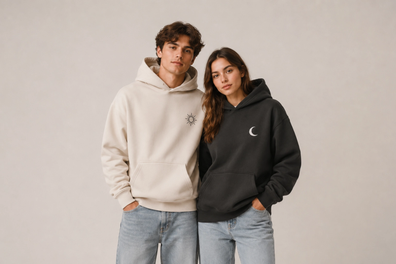 Two people posing in oversized hoodies, beige with a sun symbol and charcoal with a crescent moon, against a neutral backdrop.