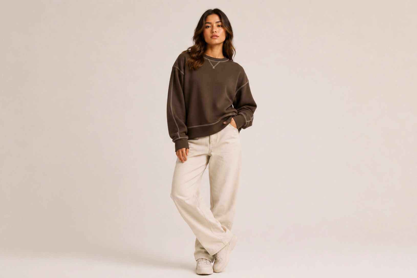 Woman in an oversized brown sweatshirt and cream pants, posing against a neutral studio backdrop with one hand in her pocket.