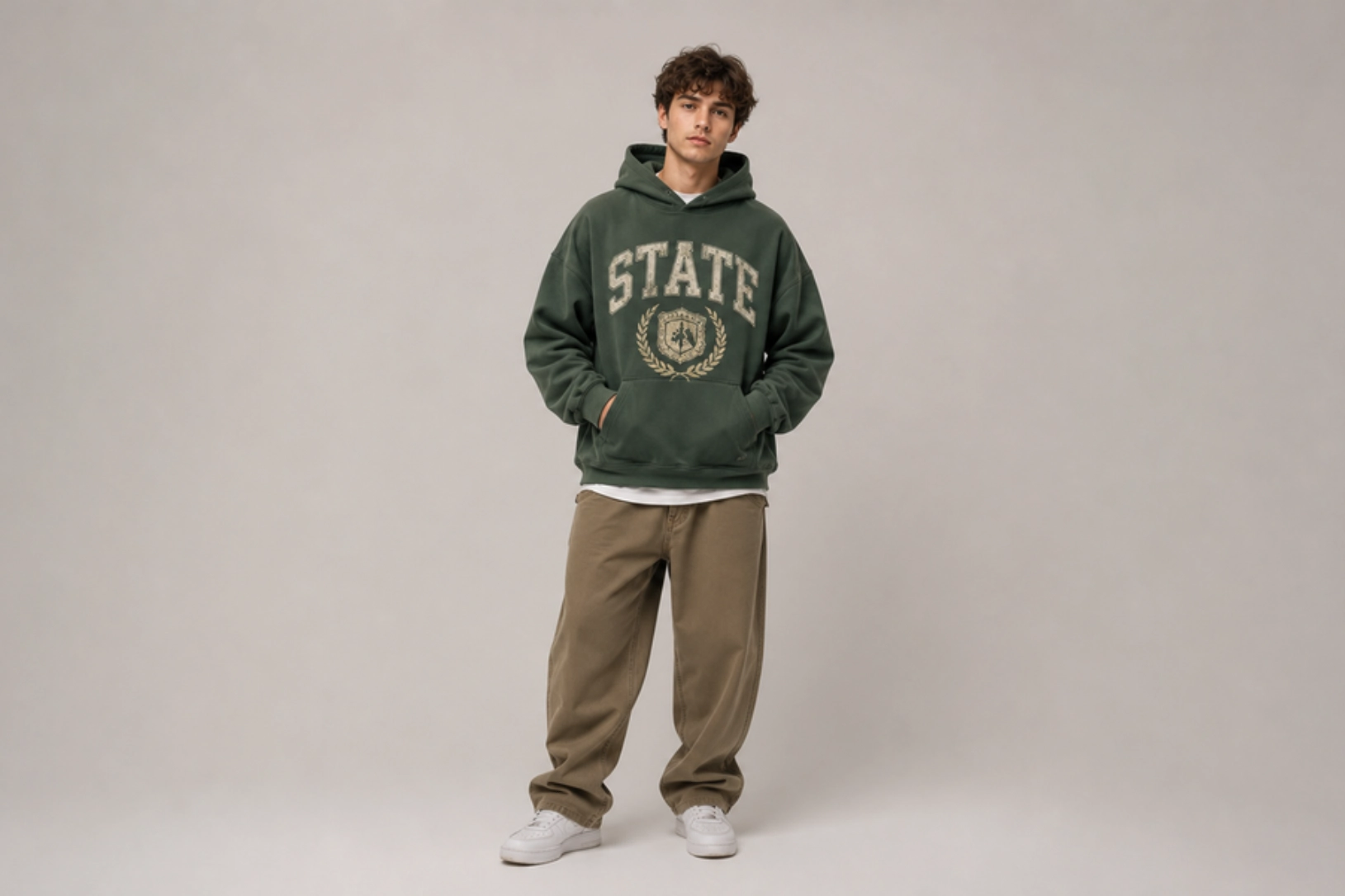 Model wearing a green 'STATE' hoodie with emblem, tan pants, white sneakers, standing in a neutral studio backdrop.