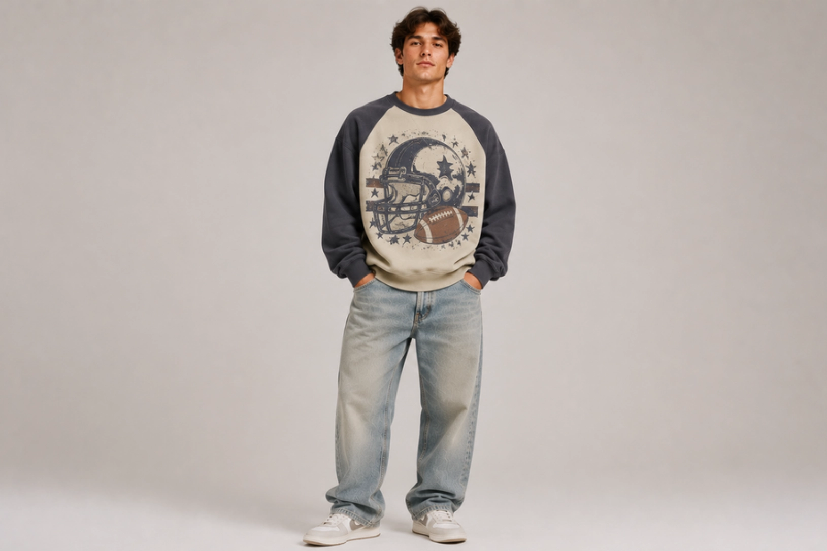 Young man stands with hands in pockets, wearing a beige and dark gray two-tone sweatshirt with a vintage football helmet graphic, light-wash jeans, and white sneakers.