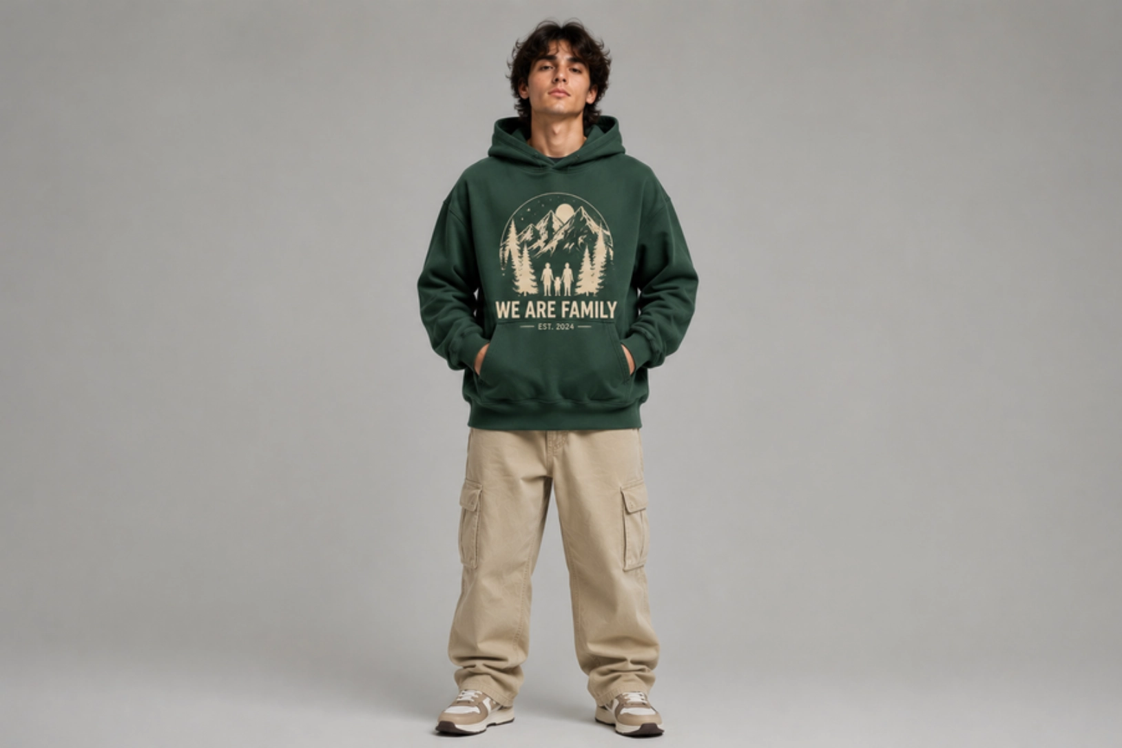 Young man in a dark green hoodie with a 'We Are Family' graphic, tan cargo pants, standing with hands in pockets.