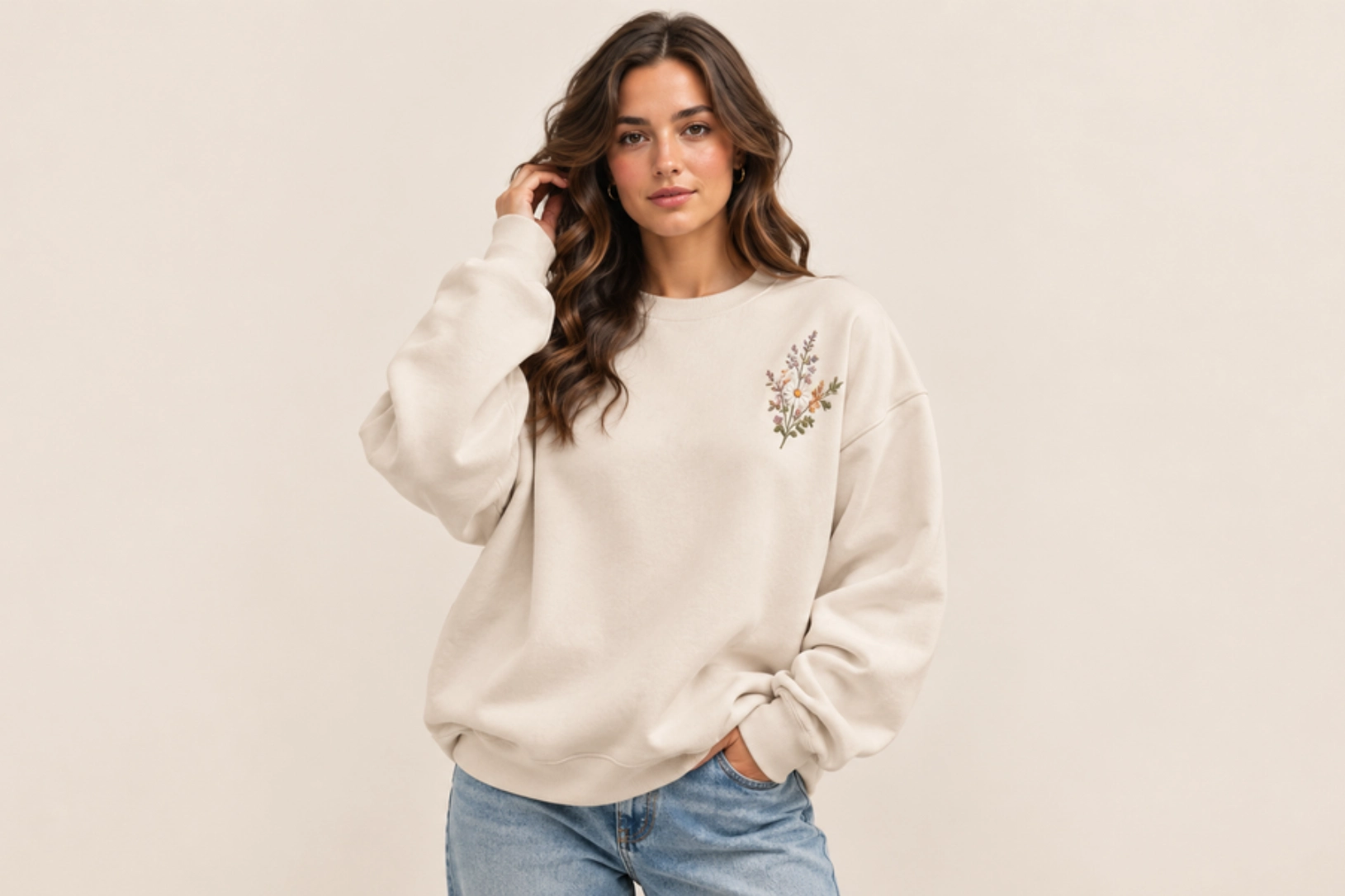 Woman in a beige sweatshirt with floral embroidery on the chest, posing against a neutral backdrop.