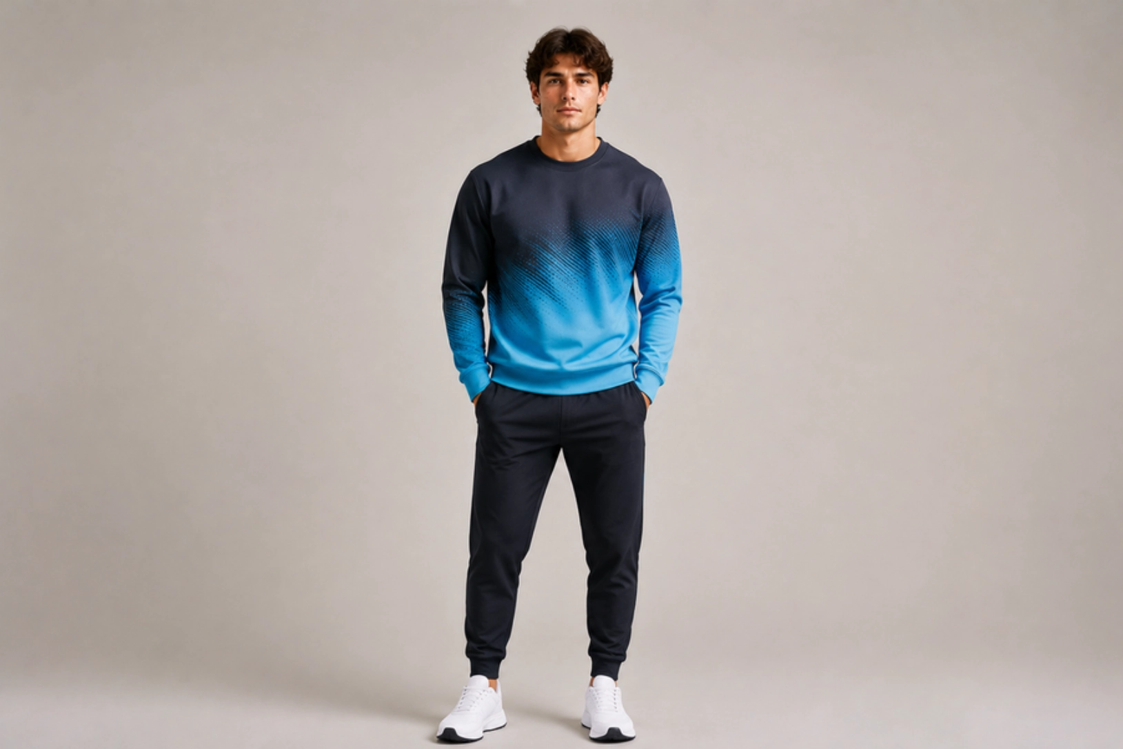 Young man modeling a navy-to-teal gradient sweatshirt with black joggers, standing with hands in pockets against a neutral backdrop.
