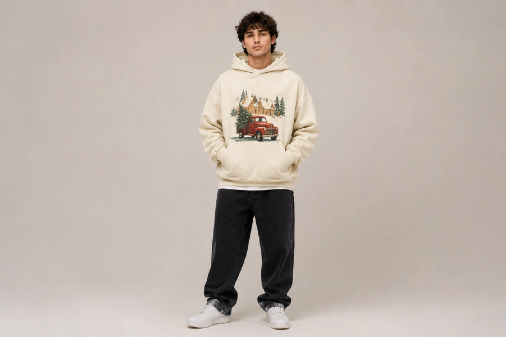 Man standing facing camera in a beige hoodie with a vintage red truck and winter cabin graphic; black jeans and white sneakers.