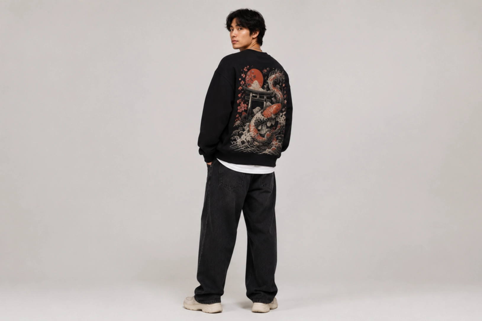 Person with back turned wearing a black sweatshirt featuring a large Japanese-style print (dragon, koi fish, waves) on the back in a studio setting.