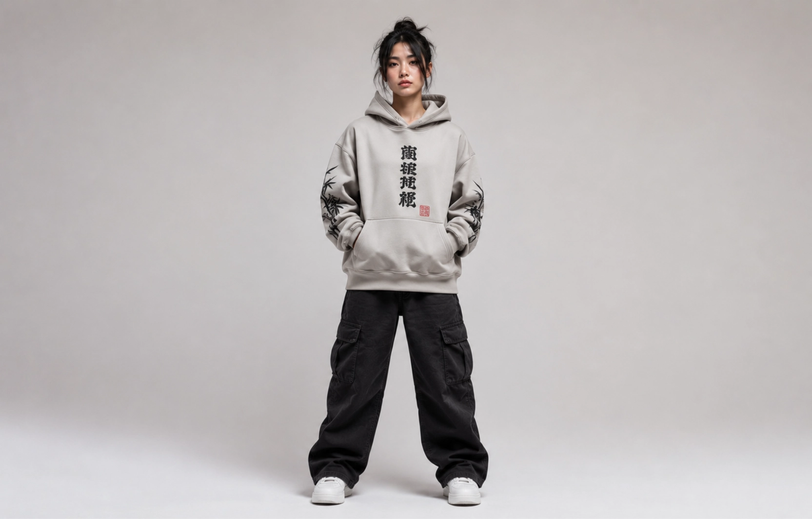 Person stands in a neutral studio wearing a light gray oversized hoodie with black vertical characters on the chest, black cargo pants, and white sneakers.