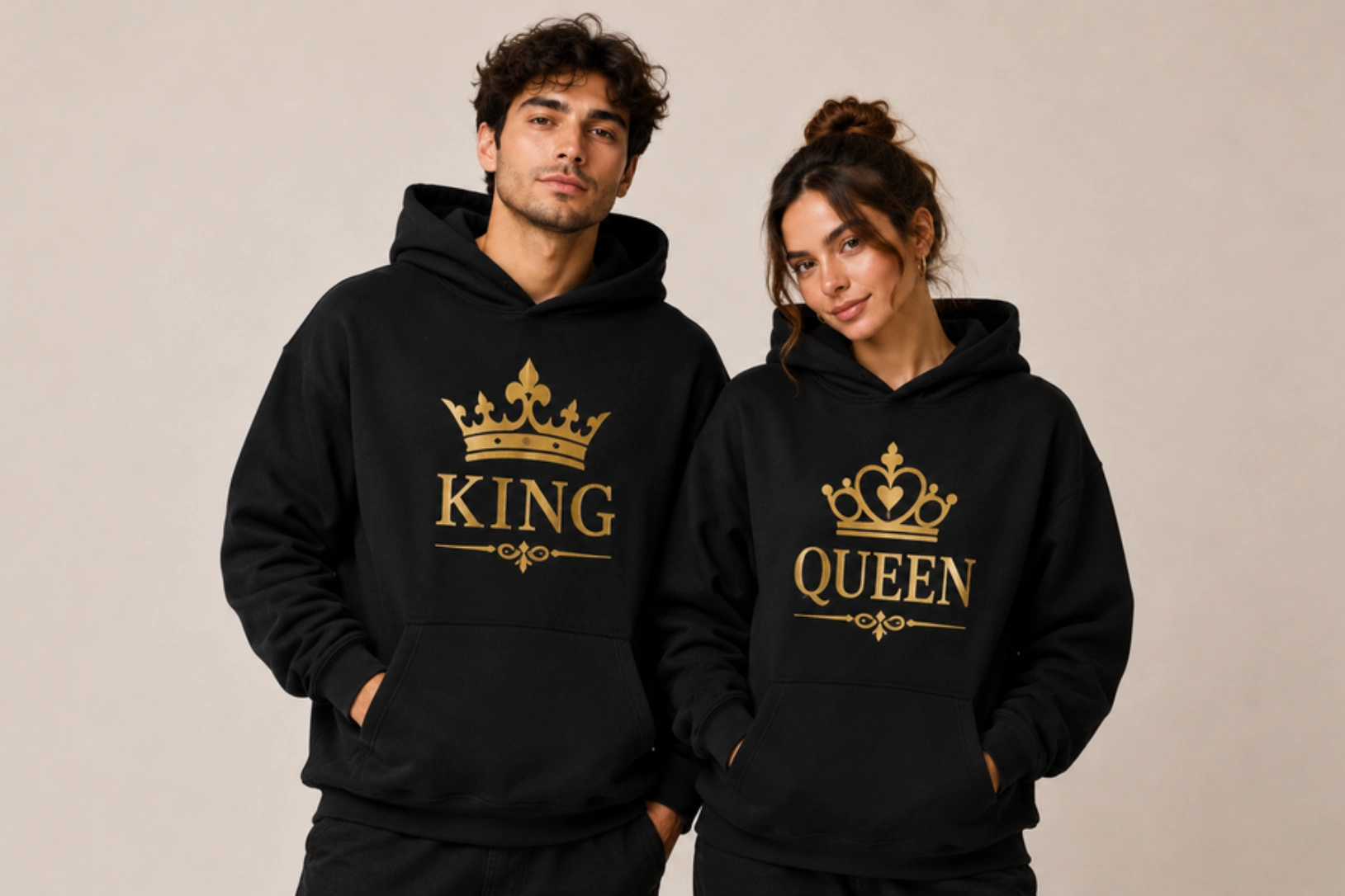 Couple wearing matching black hoodies with gold 'KING' and 'QUEEN' crown logos.