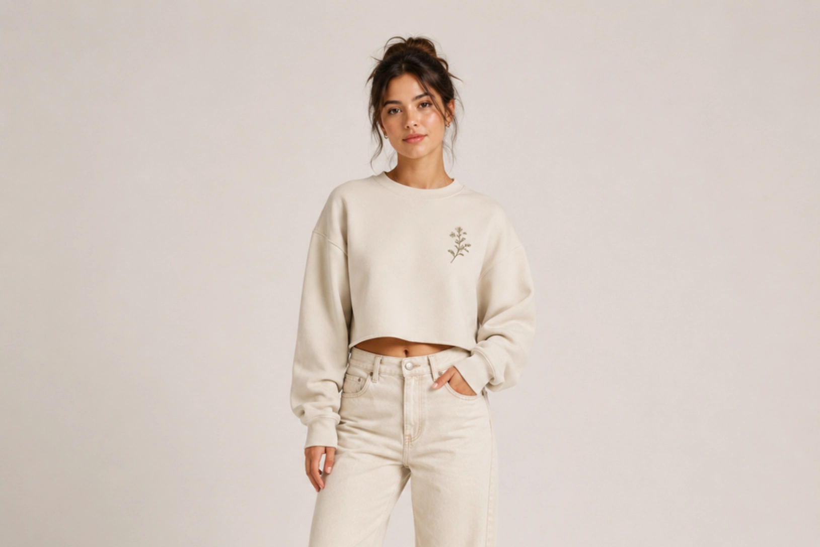 Woman in a cream cropped sweatshirt with a small embroidered sprig on the chest, paired with beige high-waisted jeans against a neutral backdrop.