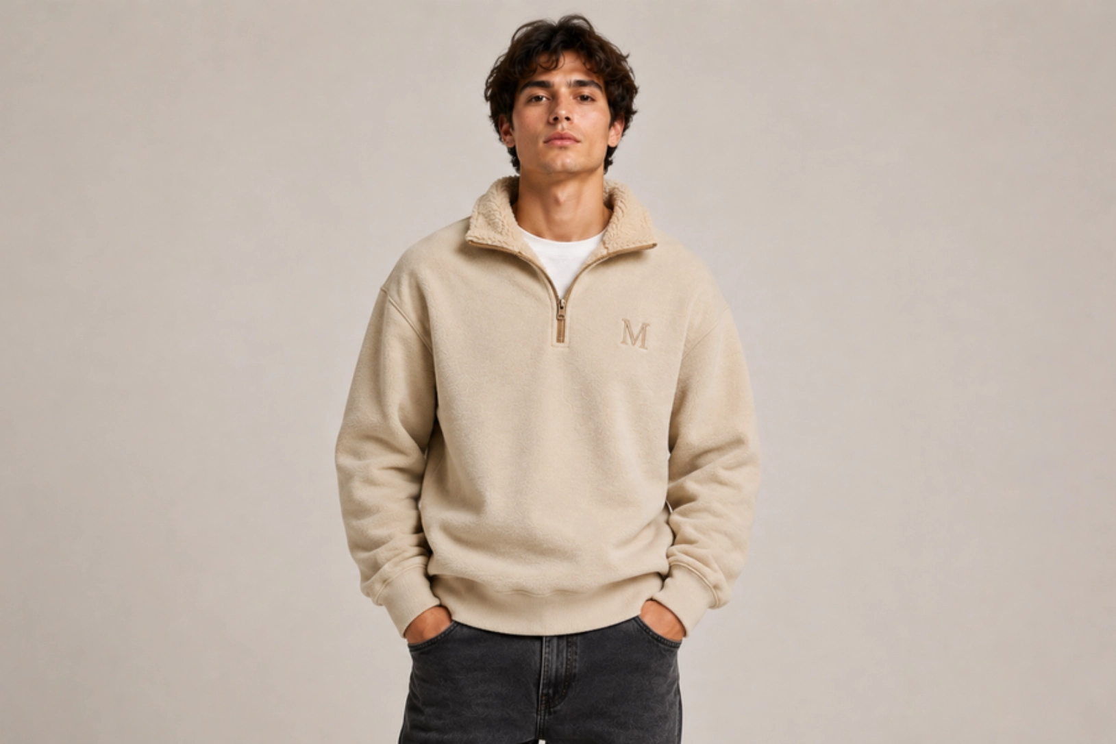 Young man standing against a beige backdrop in a cream sherpa half-zip pullover with a small 'M' logo and hands in pockets.