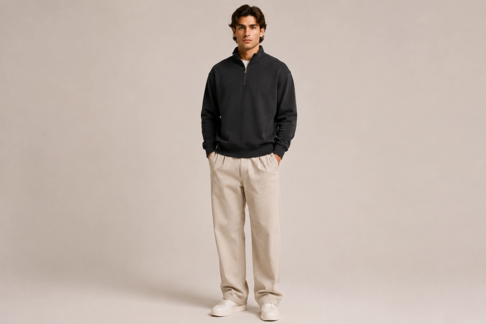 Man standing in a black quarter‑zip sweater, beige wide‑leg pants, and white sneakers with hands in pockets against a neutral backdrop.