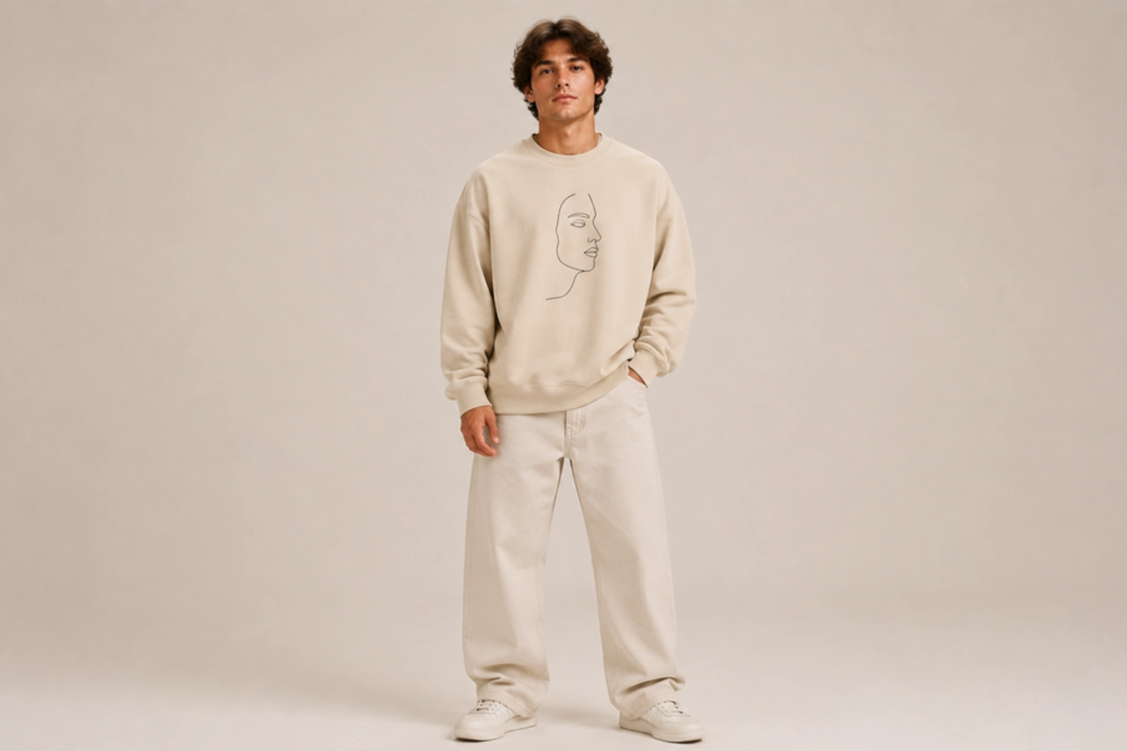 Man in cream sweatshirt and matching pants with a minimalist line-drawn face on the chest, posing with hands in pockets.